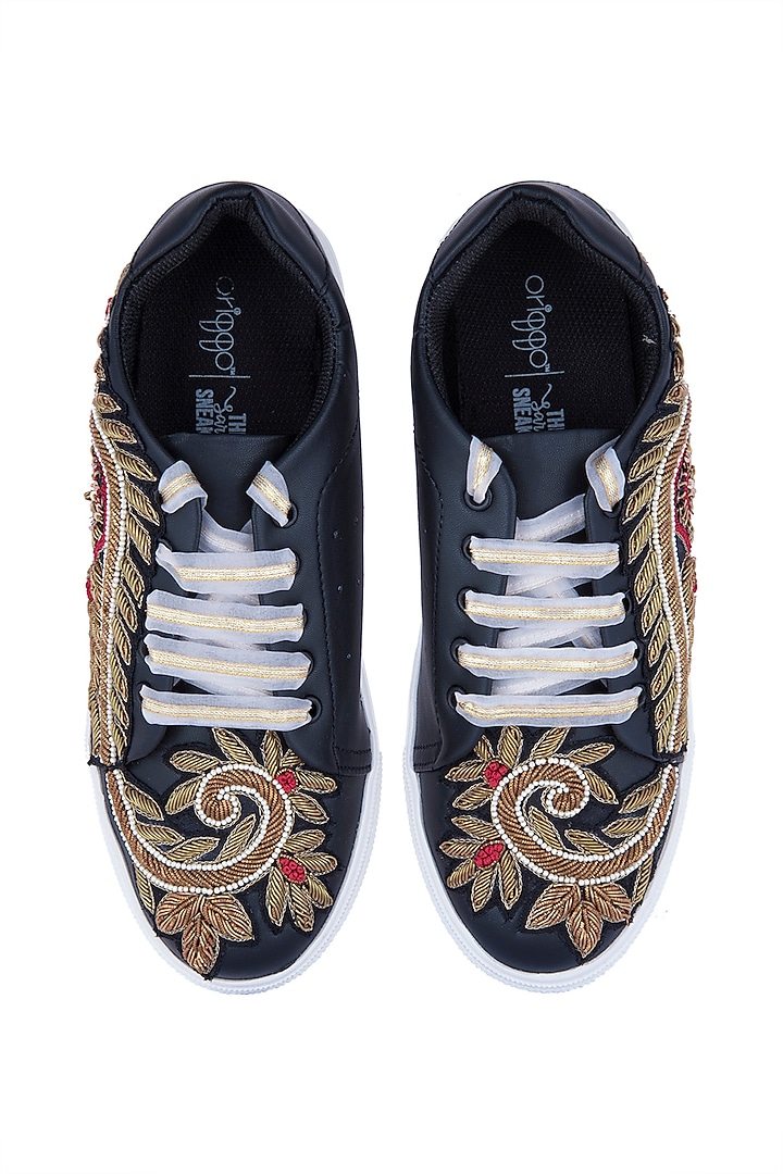 Black & Gold Embroidered Sneakers by Saree Sneakers at Pernia's Pop Up Shop