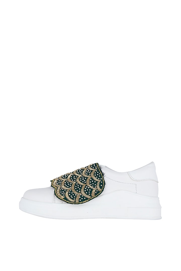 White & Green Embroidered Sneakers by Saree Sneakers