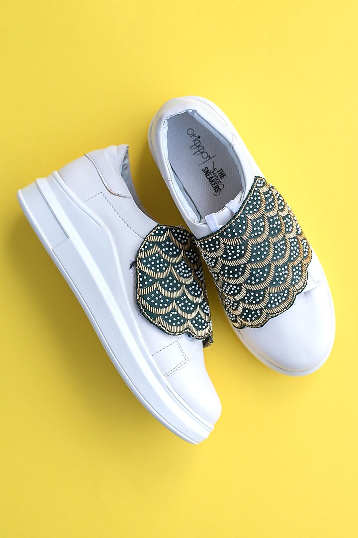 White & Green Embroidered Sneakers by Saree Sneakers at Pernia's Pop Up Shop