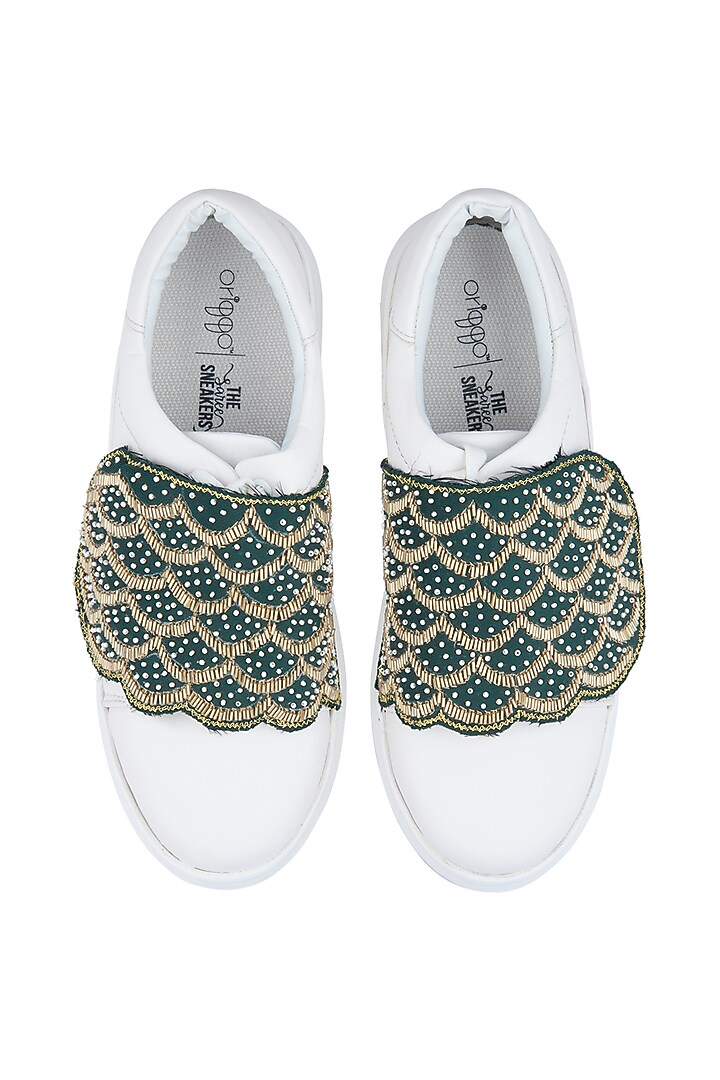 White & Green Embroidered Sneakers by Saree Sneakers at Pernia's Pop Up Shop