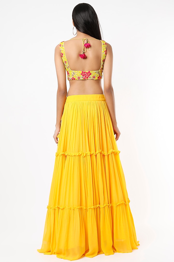 Yellow Semi-Georgette Tiered Wedding Lehenga Set by Shrena Hirawat at Pernia's Pop Up Shop