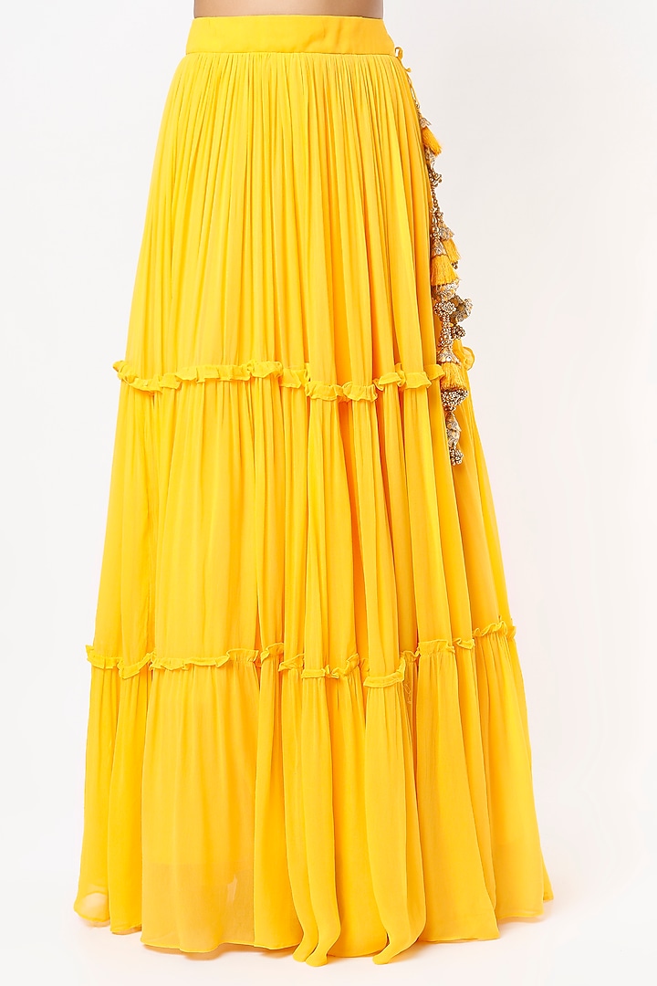 Yellow Semi-Georgette Tiered Wedding Lehenga Set by Shrena Hirawat at Pernia's Pop Up Shop
