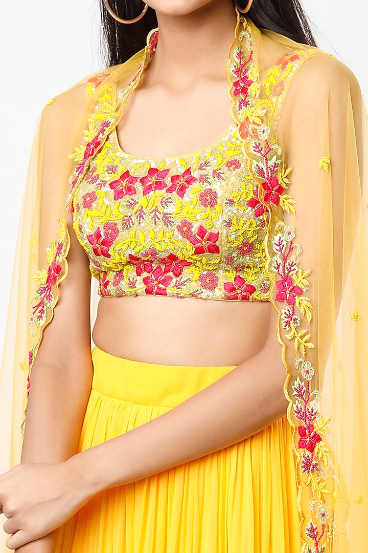 Yellow Semi-Georgette Tiered Wedding Lehenga Set by Shrena Hirawat at Pernia's Pop Up Shop