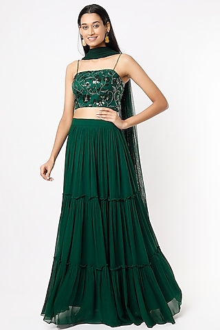 Emerald Green Semi-Georgette Tiered Lehenga Set by Shrena Hirawat