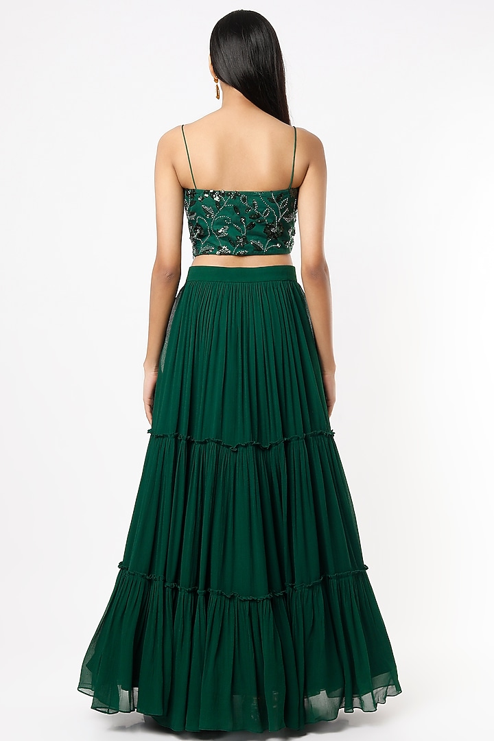 Emerald Green Semi-Georgette Tiered Wedding Lehenga Set by Shrena Hirawat at Pernia's Pop Up Shop