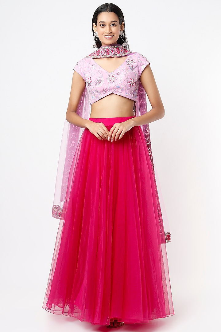 Rani Pink Tulle Wedding Lehenga Set by Shrena Hirawat at Pernia's Pop Up Shop