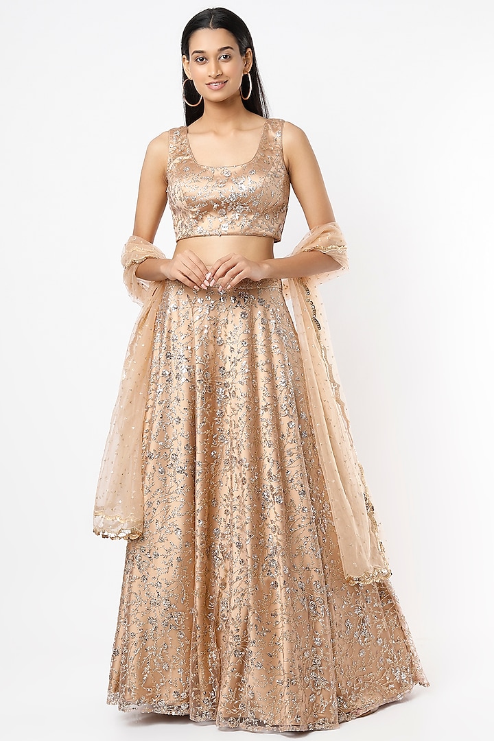 Chikoo Gold Luxe Satin Lehenga Set by Shrena Hirawat