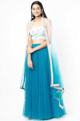 Azure Blue Tulle Lehenga Set by Shrena Hirawat