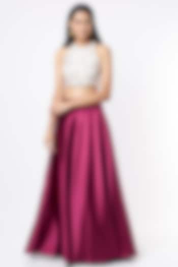 Magenta Luxe Satin Skirt Set by Shrena Hirawat