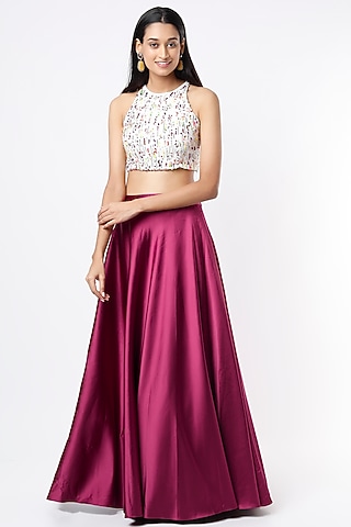 Magenta Luxe Satin Skirt Set by Shrena Hirawat