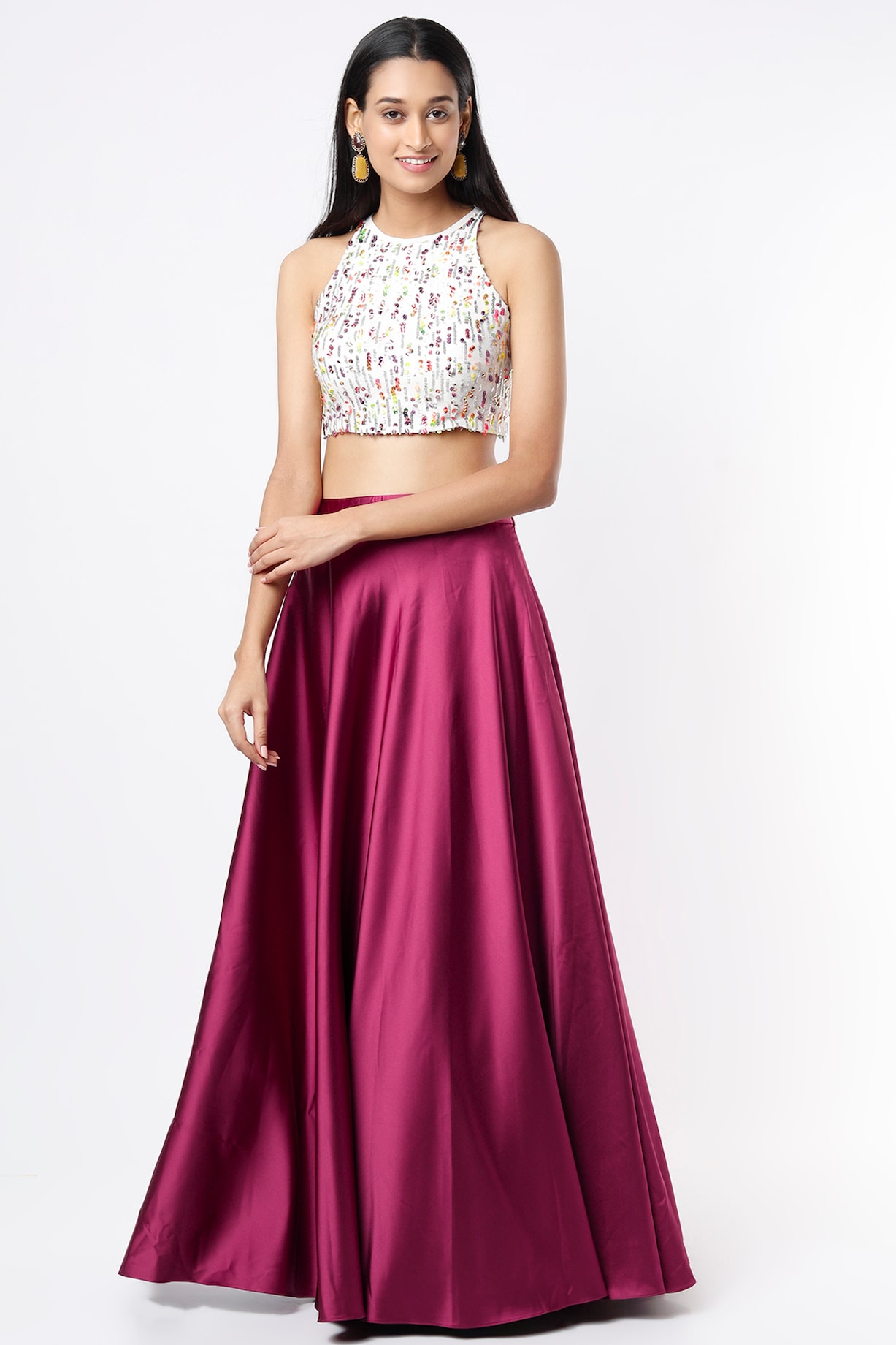 Pink Ruffle Silk Crop Top with Jacquard Skirt Set-Shrena Hirawat