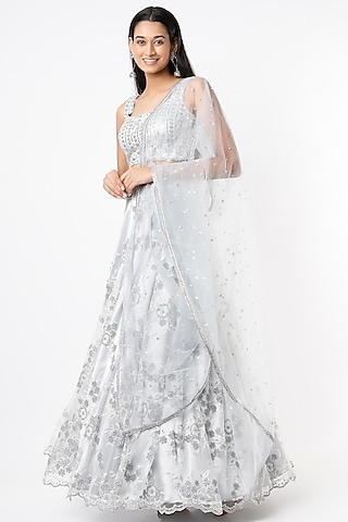 Grey Embroidered Lehenga Set by Shrena Hirawat