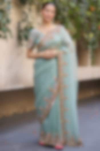 Blue Organza Silk Hand Embroidered Reception Saree Set by Sarang Kaur at Pernia's Pop Up Shop