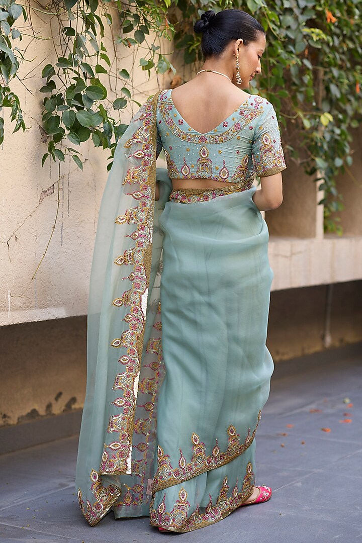 Blue Organza Silk Hand Embroidered Reception Saree Set by Sarang Kaur at Pernia's Pop Up Shop