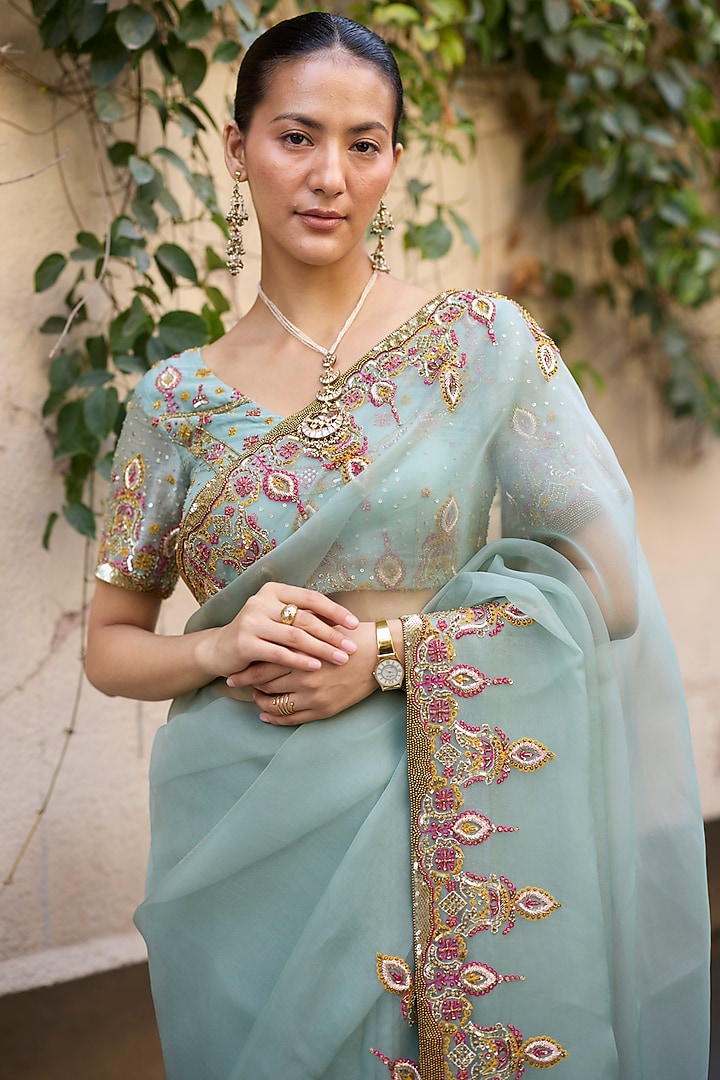 Blue Organza Silk Hand Embroidered Reception Saree Set by Sarang Kaur at Pernia's Pop Up Shop