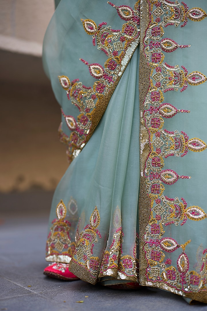 Blue Organza Silk Hand Embroidered Reception Saree Set by Sarang Kaur at Pernia's Pop Up Shop