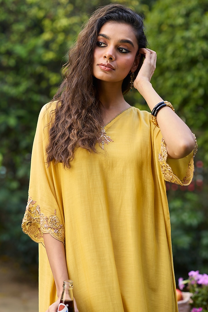 Yellow Chanderi Silk Embroidered Kaftan by Sarang Kaur at Pernia's Pop Up Shop