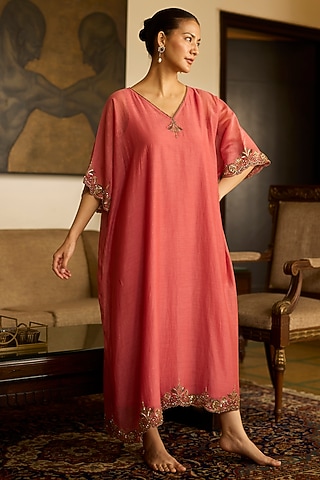 Pink Chanderi Silk Embroidered Kaftan by Sarang Kaur