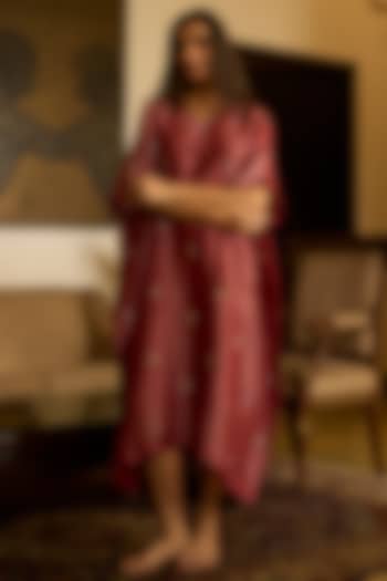 Rust Tissue Silk Embroidered Kaftan by Sarang Kaur at Pernia's Pop Up Shop