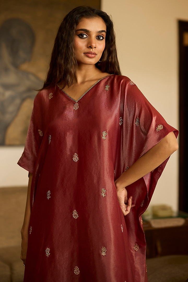 Rust Tissue Silk Embroidered Kaftan by Sarang Kaur at Pernia's Pop Up Shop