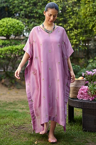 Purple Tissue Silk Embroidered Kaftan by Sarang Kaur