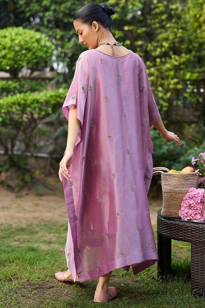 Purple Tissue Silk Embroidered Kaftan by Sarang Kaur at Pernia's Pop Up Shop