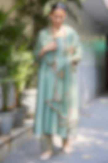 Teal Tissue Silk Embroidered Kurta Set by Sarang Kaur at Pernia's Pop Up Shop