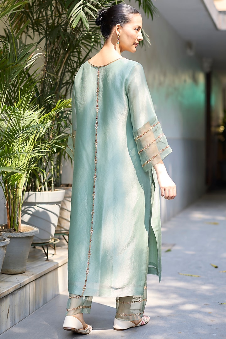 Teal Tissue Silk Embroidered Kurta Set by Sarang Kaur at Pernia's Pop Up Shop