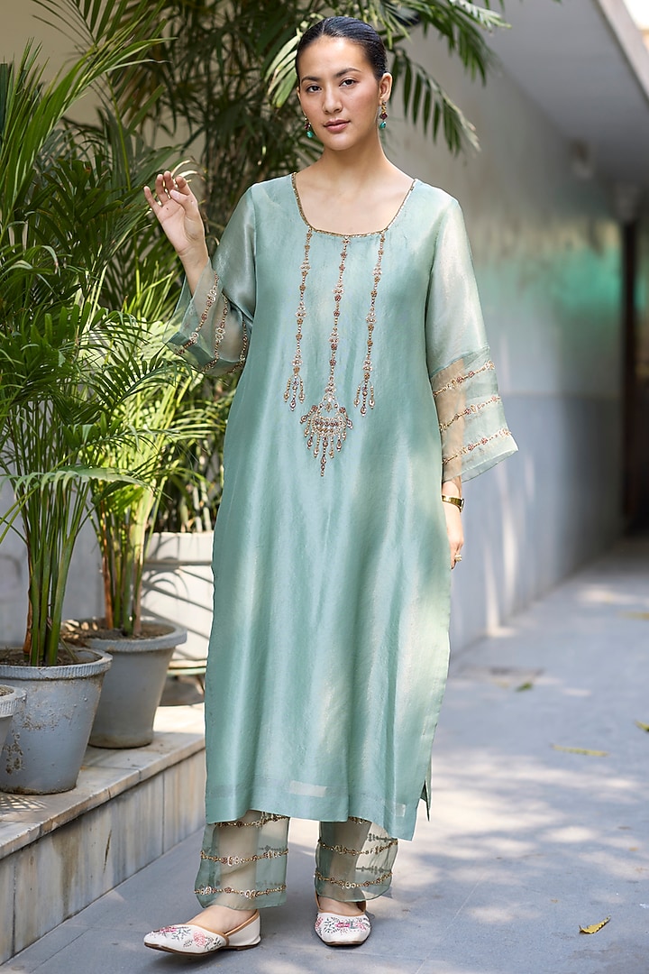 Teal Tissue Silk Embroidered Kurta Set by Sarang Kaur at Pernia's Pop Up Shop