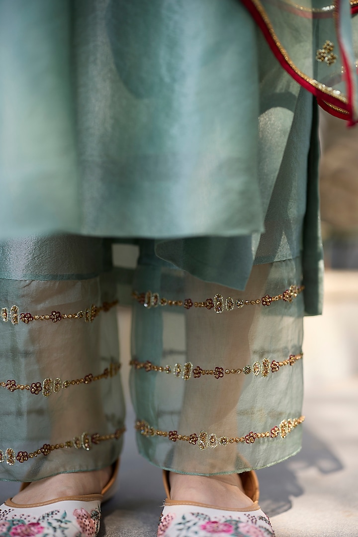 Teal Tissue Silk Embroidered Kurta Set by Sarang Kaur at Pernia's Pop Up Shop