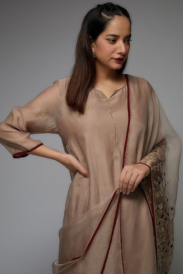 Grey Organza Silk Embroidered Kurta Set by Sarang Kaur at Pernia's Pop Up Shop