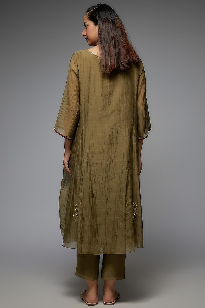 Olive Green Organza Silk Embroidered Kurta Set by Sarang Kaur at Pernia's Pop Up Shop