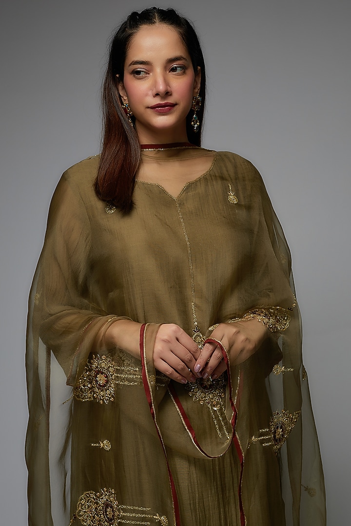 Olive Green Organza Silk Embroidered Kurta Set by Sarang Kaur at Pernia's Pop Up Shop