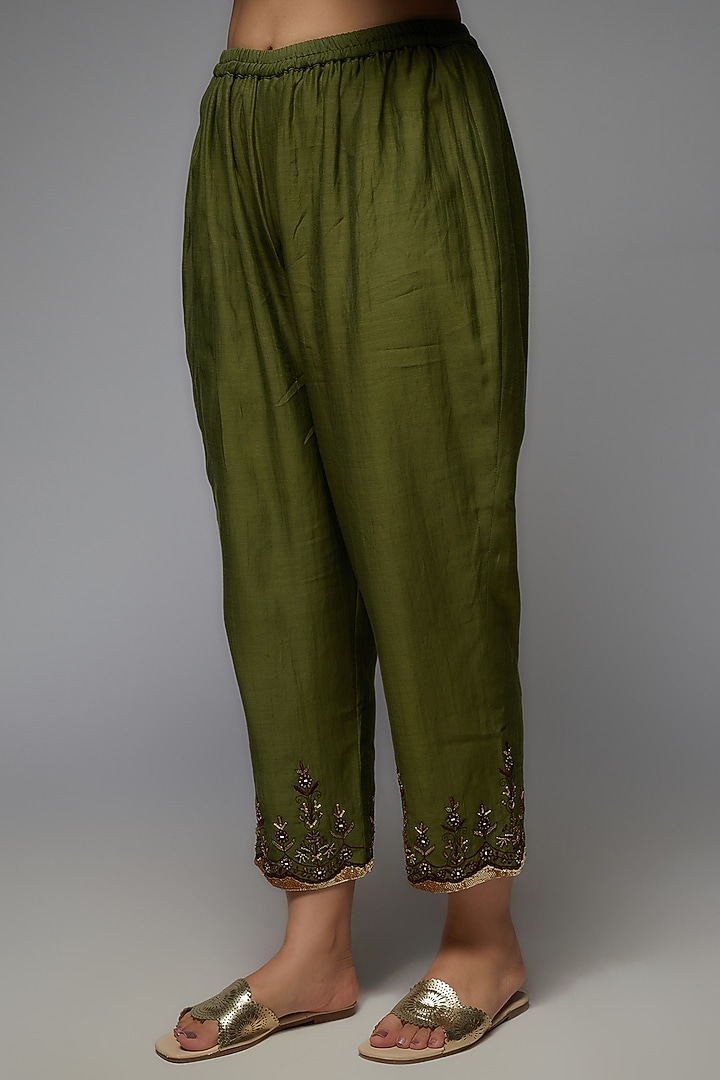 Olive Green Organza Silk Embroidered Kurta Set by Sarang Kaur at Pernia's Pop Up Shop
