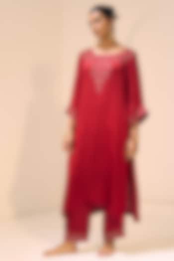 Red Satin Georgette Hand Embroidered Kurta Set by Sarang Kaur at Pernia's Pop Up Shop