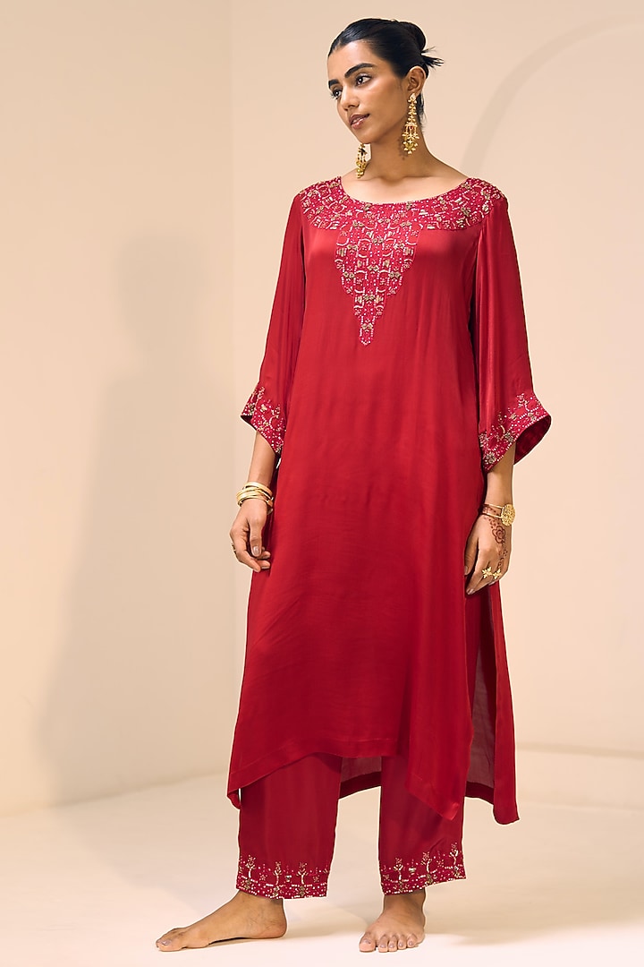 Red Satin Georgette Hand Embroidered Kurta Set by Sarang Kaur at Pernia's Pop Up Shop
