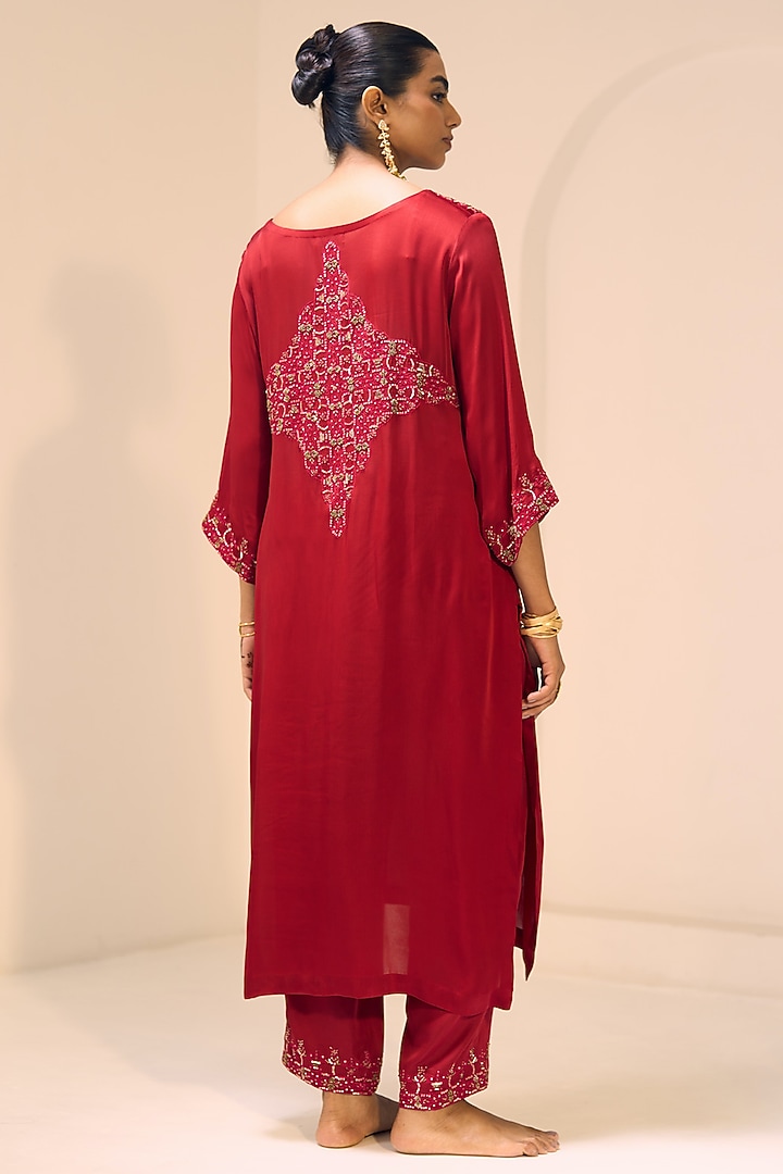 Red Satin Georgette Hand Embroidered Kurta Set by Sarang Kaur at Pernia's Pop Up Shop