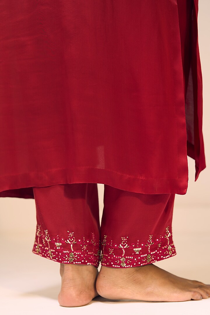 Red Satin Georgette Hand Embroidered Kurta Set by Sarang Kaur at Pernia's Pop Up Shop