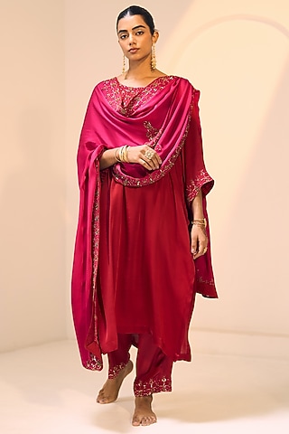 Pink Satin Georgette Hand Embroidered Dupatta by Sarang Kaur