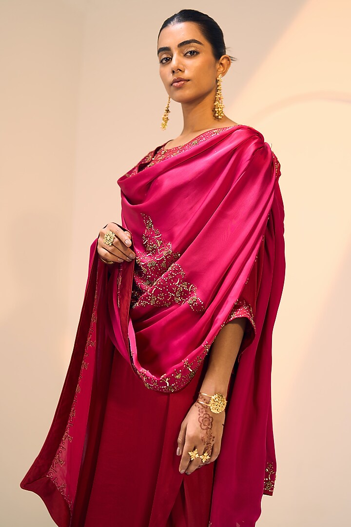 Pink Satin Georgette Hand Embroidered Dupatta by Sarang Kaur at Pernia's Pop Up Shop