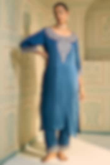 Blue Satin Georgette Hand Embroidered Kurta Set by Sarang Kaur at Pernia's Pop Up Shop
