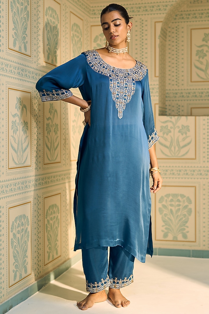 Blue Satin Georgette Hand Embroidered Kurta Set by Sarang Kaur at Pernia's Pop Up Shop