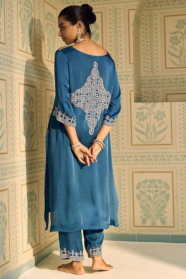 Blue Satin Georgette Hand Embroidered Kurta Set by Sarang Kaur at Pernia's Pop Up Shop