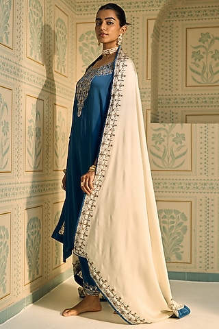 White Satin Georgette Hand Embroidered Dupatta by Sarang Kaur