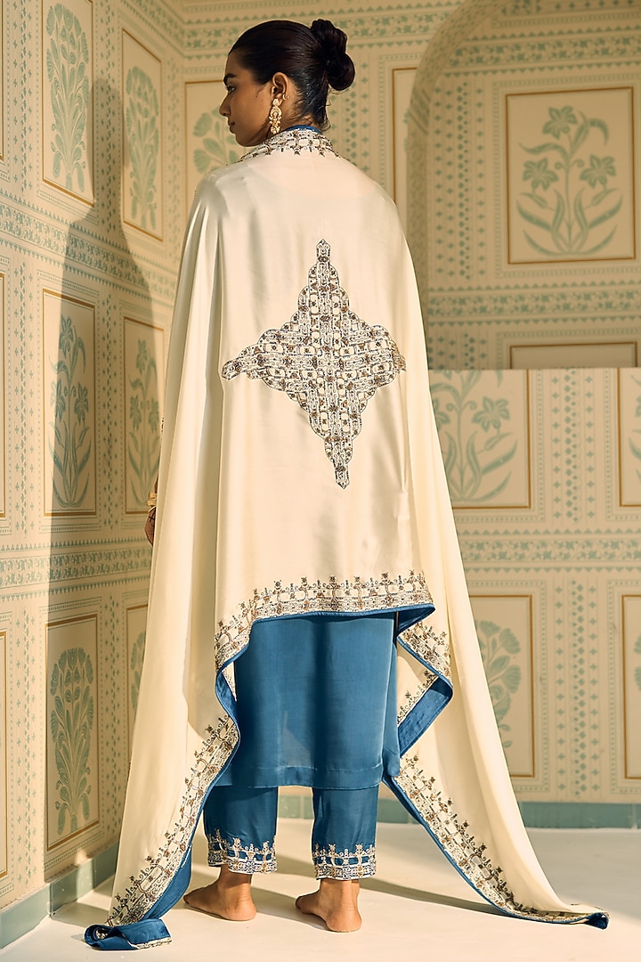 White Satin Georgette Hand Embroidered Dupatta by Sarang Kaur at Pernia's Pop Up Shop