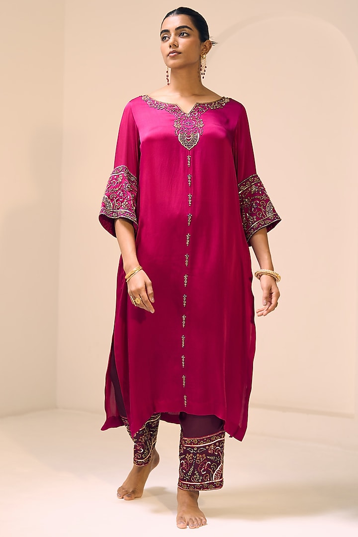 Pink Satin Georgette Hand Embroidered Kurta Set by Sarang Kaur at Pernia's Pop Up Shop