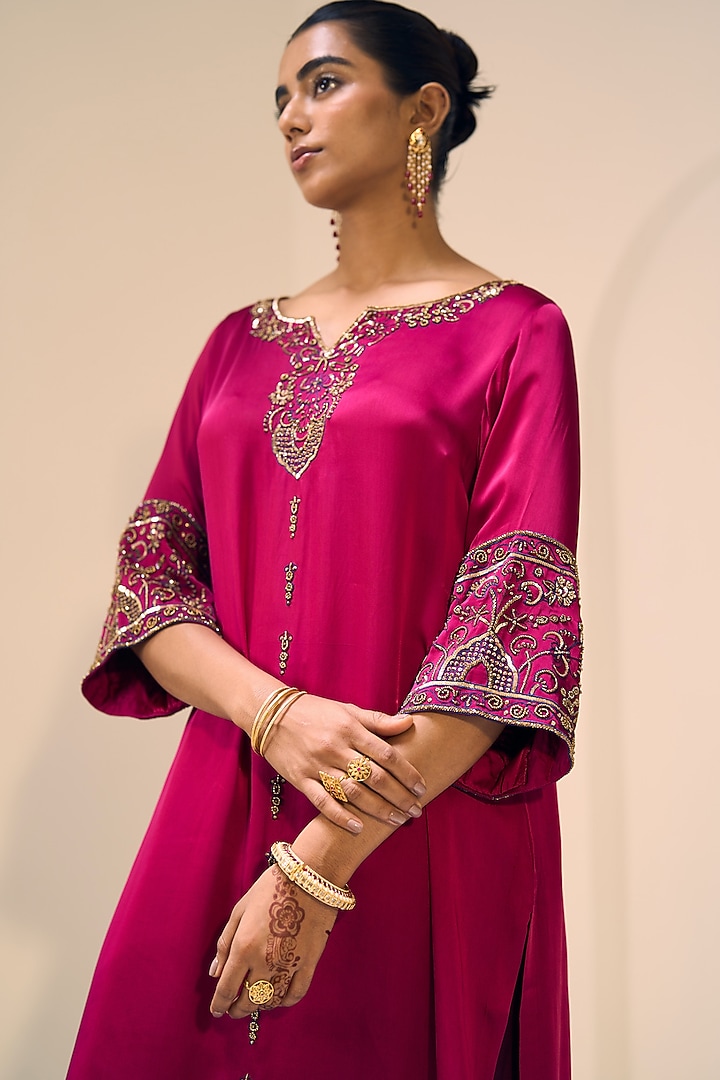 Pink Satin Georgette Hand Embroidered Kurta Set by Sarang Kaur at Pernia's Pop Up Shop