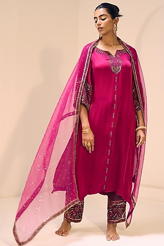 Pink Organza Silk Hand Embroidered Dupatta by Sarang Kaur
