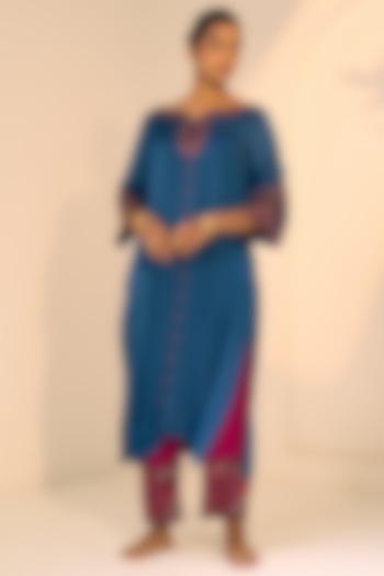 Blue Satin Georgette Hand Embroidered Kurta Set by Sarang Kaur at Pernia's Pop Up Shop