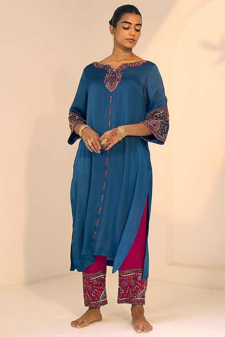 Blue Satin Georgette Hand Embroidered Kurta Set by Sarang Kaur at Pernia's Pop Up Shop